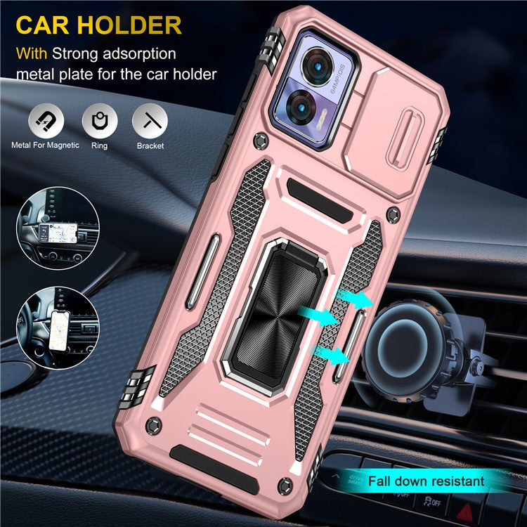 Armor Series For Motorola Edge 30 Neo 5G Kickstand Phone Cover Slide Lens Shield PC+TPU Anti-drop Case - Rose Gold