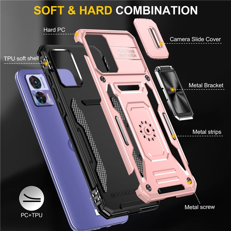 Armor Series For Motorola Edge 30 Neo 5G Kickstand Phone Cover Slide Lens Shield PC+TPU Anti-drop Case - Rose Gold