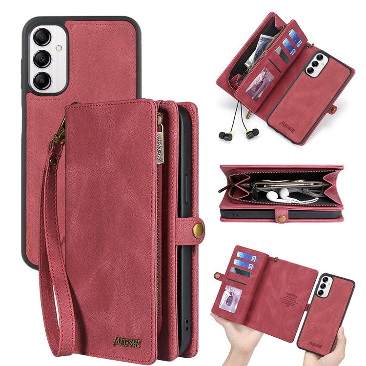 MEGSHI 017 Series For Samsung Galaxy A34 5G Zipper Wallet PU Leather Phone Case Magnetic Detachable Cover - Red