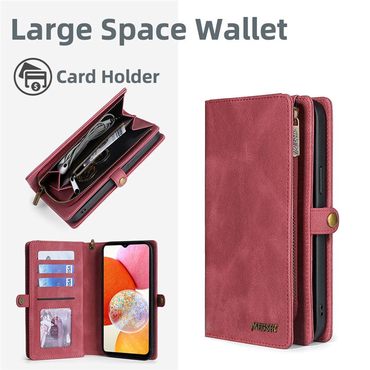MEGSHI 017 Series For Samsung Galaxy A34 5G Zipper Wallet PU Leather Phone Case Magnetic Detachable Cover - Red