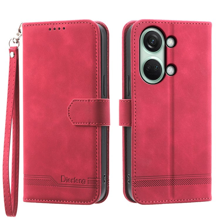 DIERFENG DF-03 Flip Cover for OnePlus Nord 3 5G / Ace 2V , Lines Imprinted Wallet Stand Mobile Leather Case - Red