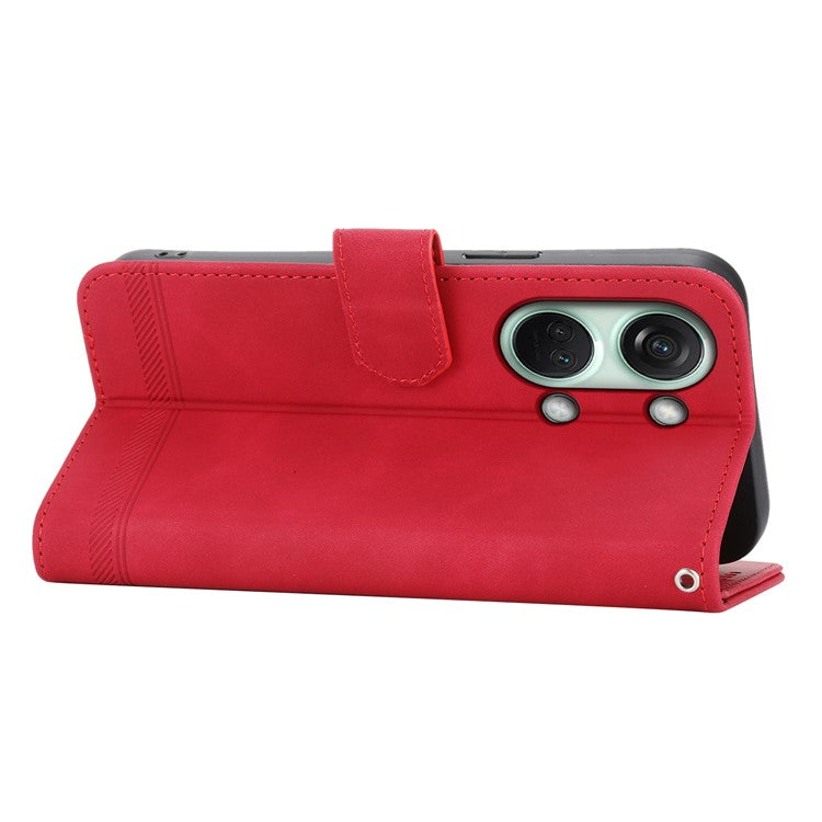 DIERFENG DF-03 Flip Cover for OnePlus Nord 3 5G / Ace 2V , Lines Imprinted Wallet Stand Mobile Leather Case - Red