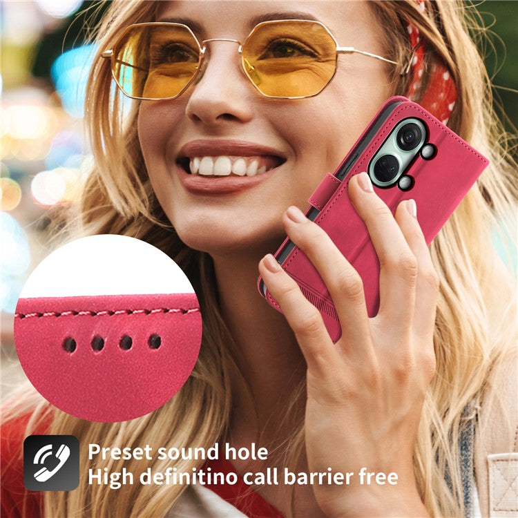 DIERFENG DF-03 Flip Cover for OnePlus Nord 3 5G / Ace 2V , Lines Imprinted Wallet Stand Mobile Leather Case - Red