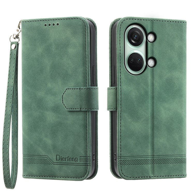 DIERFENG DF-03 Flip Cover for OnePlus Nord 3 5G / Ace 2V , Lines Imprinted Wallet Stand Mobile Leather Case - Green