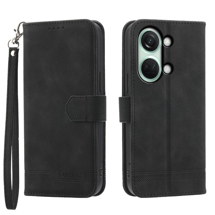 DIERFENG DF-03 Flip Cover for OnePlus Nord 3 5G / Ace 2V , Lines Imprinted Wallet Stand Mobile Leather Case - Black