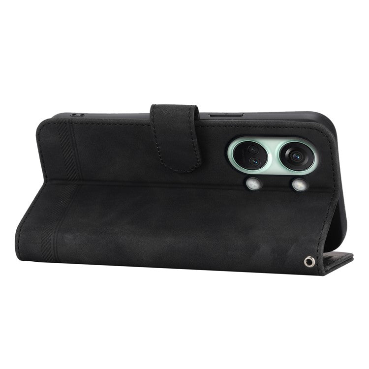 DIERFENG DF-03 Flip Cover for OnePlus Nord 3 5G / Ace 2V , Lines Imprinted Wallet Stand Mobile Leather Case - Black