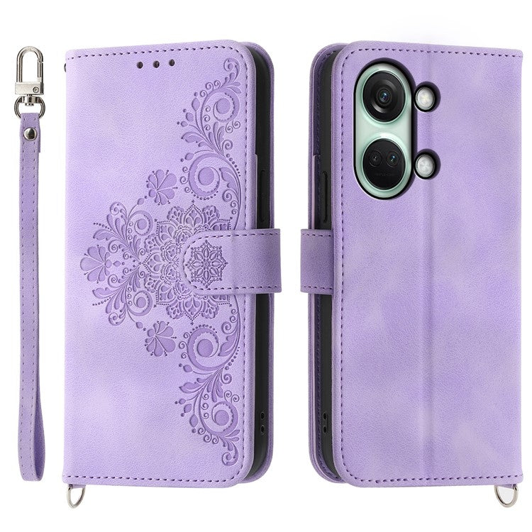 Stand Phone Case for OnePlus Nord 3 5G / Ace 2V Imprinted Flower Wallet Leather Folio Flip Cover with Wrist Strap + Shoulder Strap - Light Purple