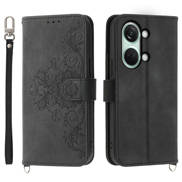Stand Phone Case for OnePlus Nord 3 5G / Ace 2V Imprinted Flower Wallet Leather Folio Flip Cover with Wrist Strap + Shoulder Strap - Black
