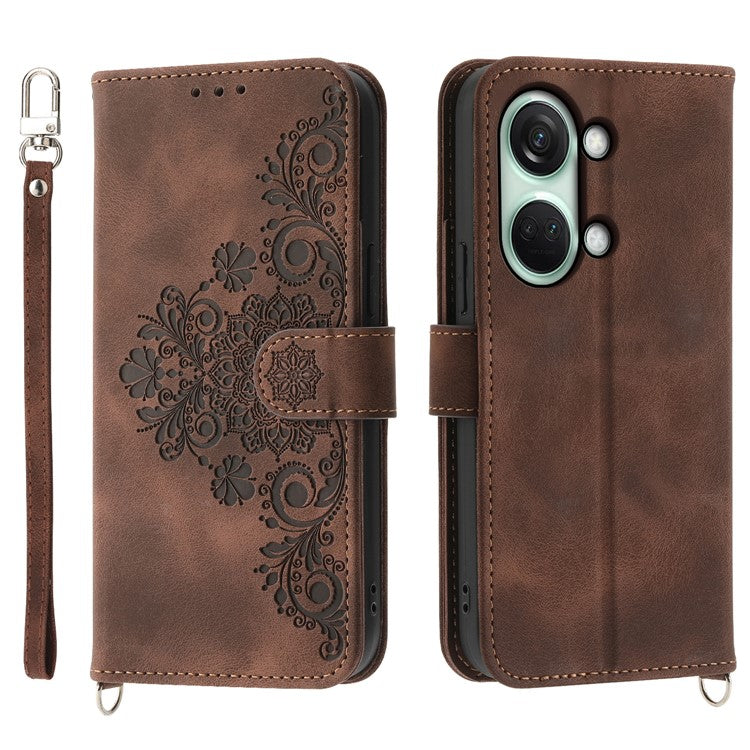 Stand Phone Case for OnePlus Nord 3 5G / Ace 2V Imprinted Flower Wallet Leather Folio Flip Cover with Wrist Strap + Shoulder Strap - Brown