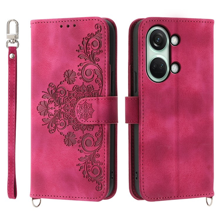 Stand Phone Case for OnePlus Nord 3 5G / Ace 2V Imprinted Flower Wallet Leather Folio Flip Cover with Wrist Strap + Shoulder Strap - Wine Red