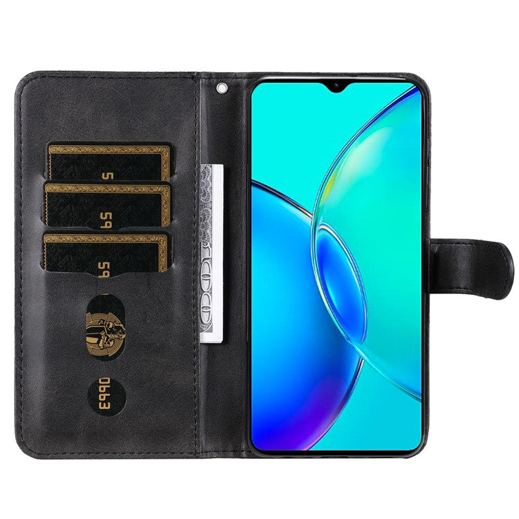 For vivo Y35m+ 5G / Y35+ 5G PU Leather Zipper Folio Case Calf Texture Wallet Stand Phone Cover - Black