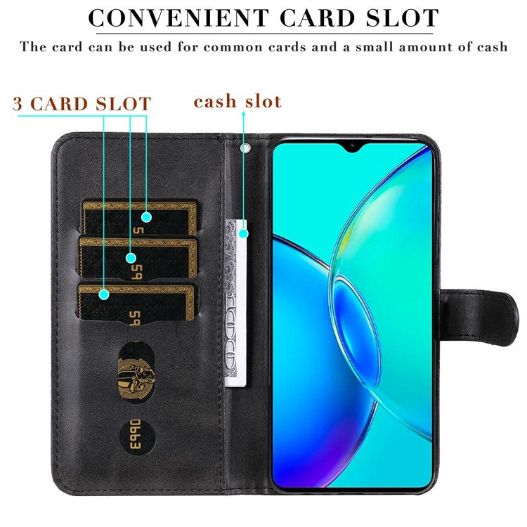 For vivo Y35m+ 5G / Y35+ 5G PU Leather Zipper Folio Case Calf Texture Wallet Stand Phone Cover - Black