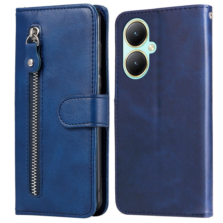 For vivo Y35m+ 5G / Y35+ 5G PU Leather Zipper Folio Case Calf Texture Wallet Stand Phone Cover - Blue