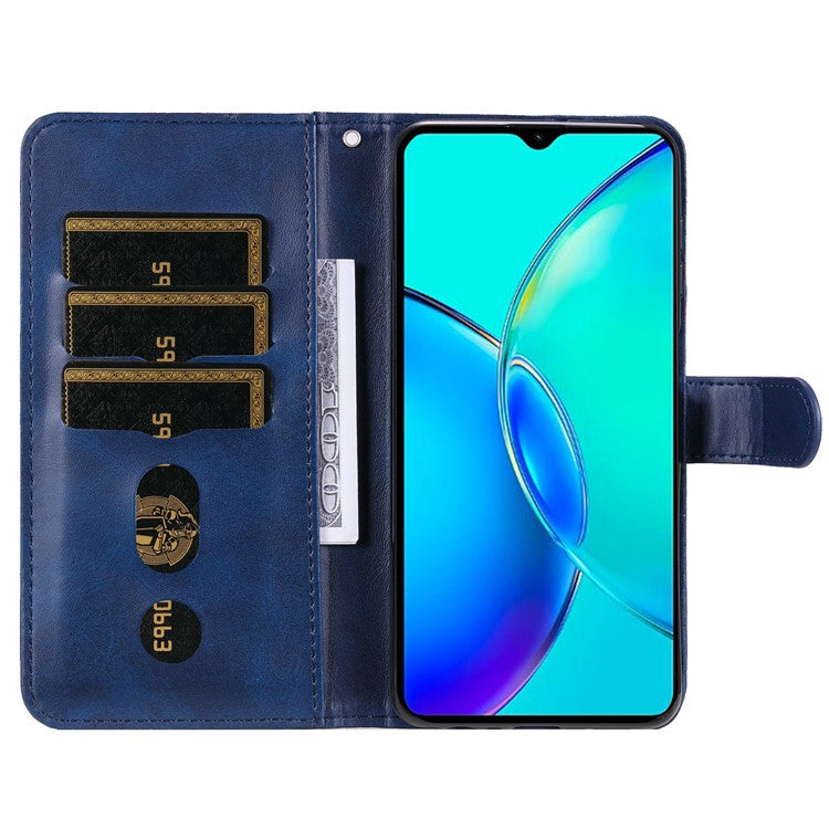 For vivo Y35m+ 5G / Y35+ 5G PU Leather Zipper Folio Case Calf Texture Wallet Stand Phone Cover - Blue