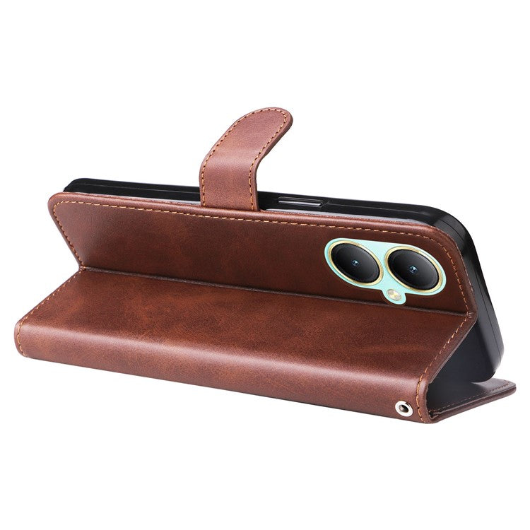 For vivo Y35m+ 5G / Y35+ 5G PU Leather Zipper Folio Case Calf Texture Wallet Stand Phone Cover - Brown