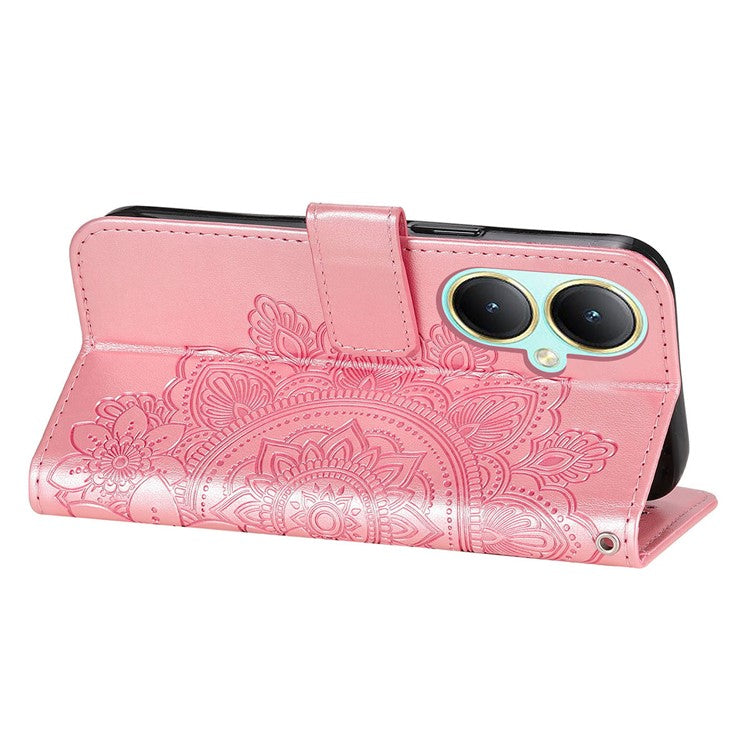 For vivo Y35m+ 5G / Y35+ 5G Wallet Case Imprinted Flower Pattern PU Leather Stand Phone Cover - Pink