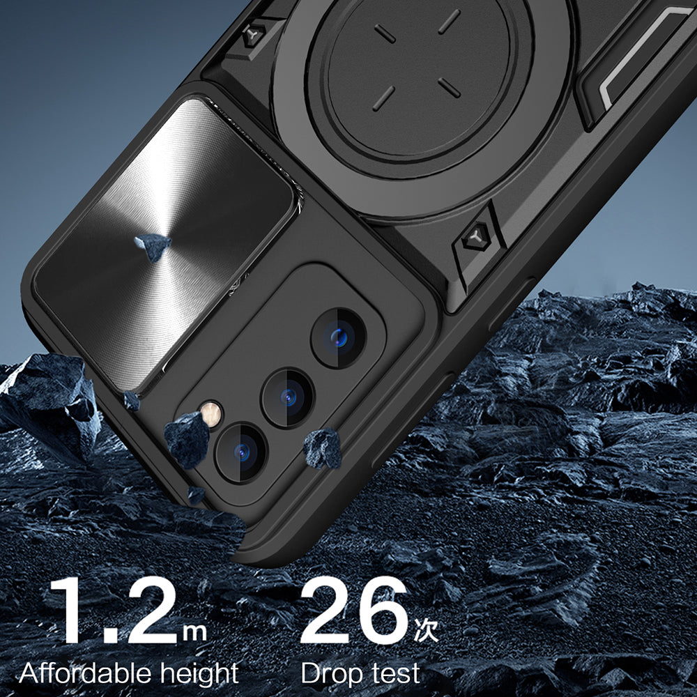 Kickstand Case for Samsung Galaxy S20 FE / S20 FE 5G / S20 FE 2022 / S20 Lite , Slide Camera Lid PC+TPU Phone Cover - Silver
