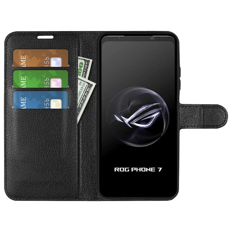 Litchi Texture Phone Case for Asus ROG Phone 7 5G , Wallet Phone Cover Stand PU Leather Shell - Black