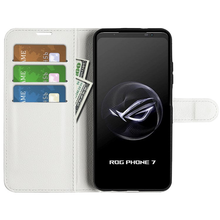 Litchi Texture Phone Case for Asus ROG Phone 7 5G , Wallet Phone Cover Stand PU Leather Shell - White