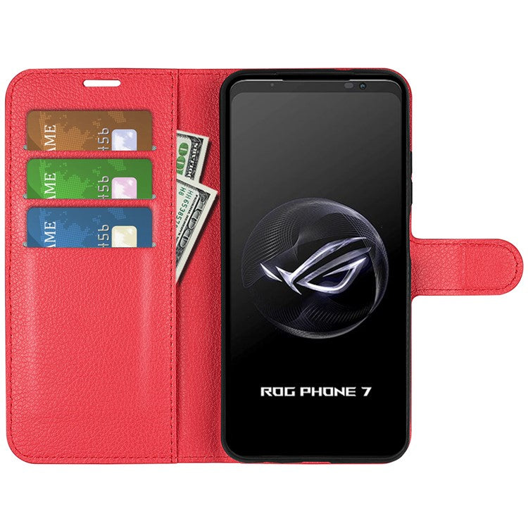 Litchi Texture Phone Case for Asus ROG Phone 7 5G , Wallet Phone Cover Stand PU Leather Shell - Red