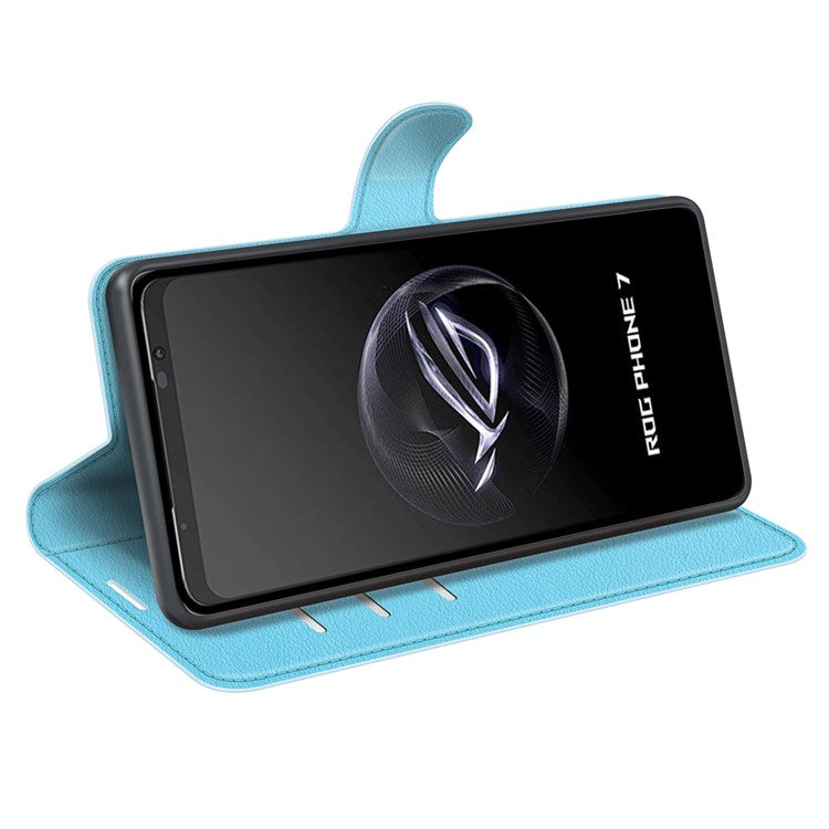 Litchi Texture Phone Case for Asus ROG Phone 7 5G , Wallet Phone Cover Stand PU Leather Shell - Blue