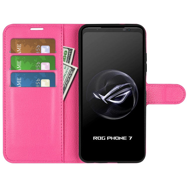 Litchi Texture Phone Case for Asus ROG Phone 7 5G , Wallet Phone Cover Stand PU Leather Shell - Rose