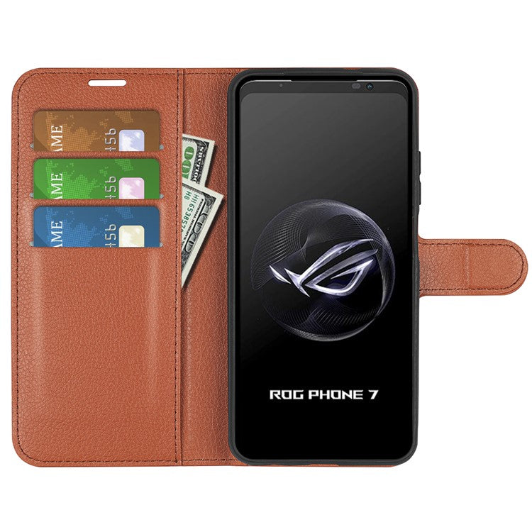 Litchi Texture Phone Case for Asus ROG Phone 7 5G , Wallet Phone Cover Stand PU Leather Shell - Brown