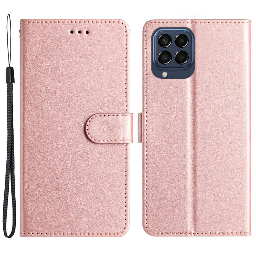 Silk Texture Case for Samsung Galaxy M53 5G Drop Protection Leather Wallet Stand Shell with Hand Strap - Rose Gold