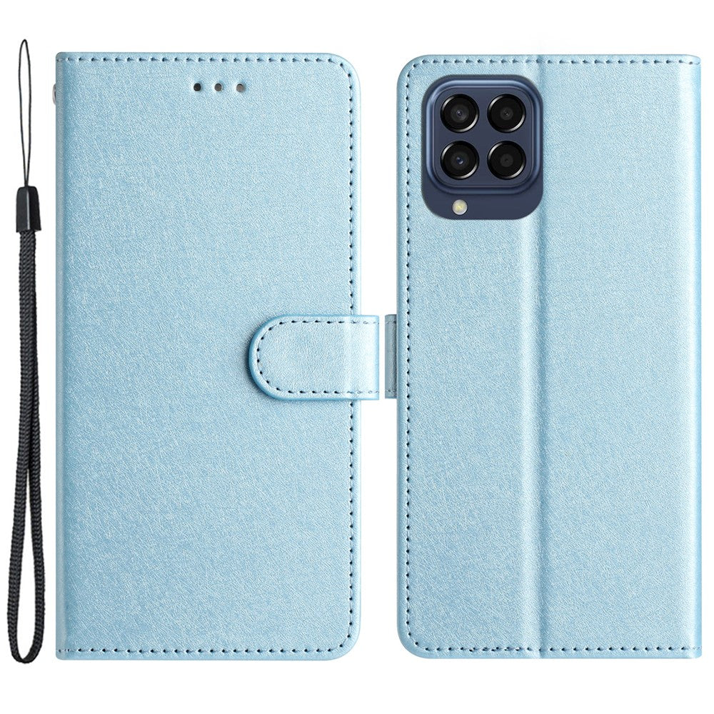 Silk Texture Case for Samsung Galaxy M53 5G Drop Protection Leather Wallet Stand Shell with Hand Strap - Sky Blue