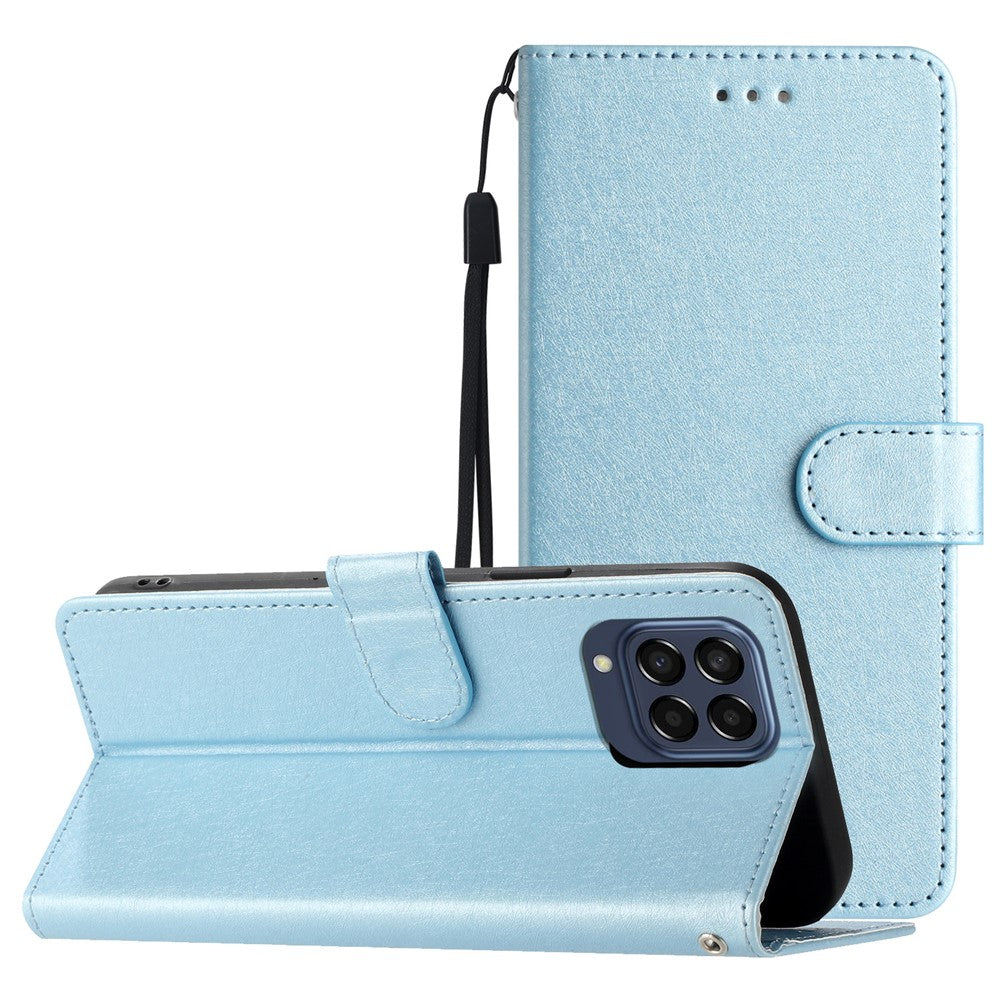 Silk Texture Case for Samsung Galaxy M53 5G Drop Protection Leather Wallet Stand Shell with Hand Strap - Sky Blue