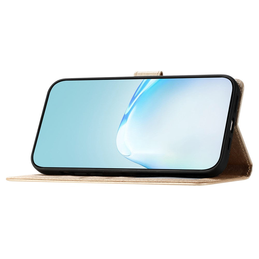 Silk Texture Case for Samsung Galaxy M53 5G Drop Protection Leather Wallet Stand Shell with Hand Strap - Gold