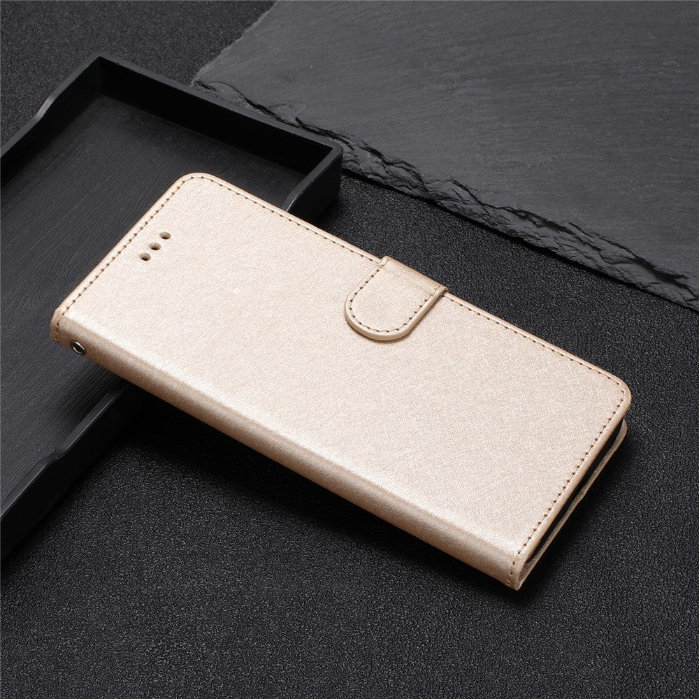 Silk Texture Case for Samsung Galaxy M53 5G Drop Protection Leather Wallet Stand Shell with Hand Strap - Gold