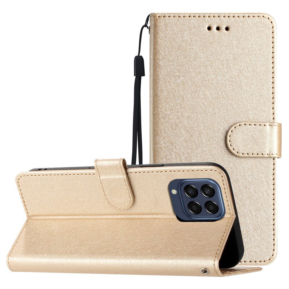 Silk Texture Case for Samsung Galaxy M53 5G Drop Protection Leather Wallet Stand Shell with Hand Strap - Gold