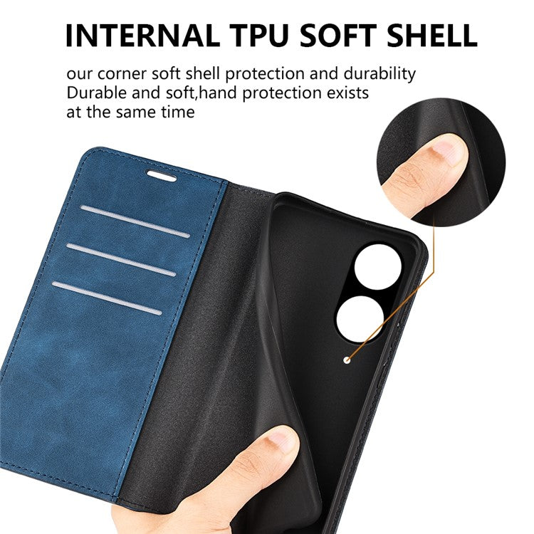 Skin-touch Stand Cover for Oppo A1 5G / A98 5G PU Leather Wallet Smartphone Shell Flip Case - Blue