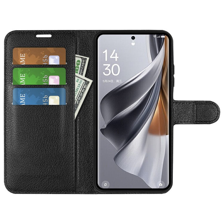 Litchi Texture PU Leather Phone Cover for Oppo Reno10 5G (Global) Wallet Stand Protective Phone Case - Black