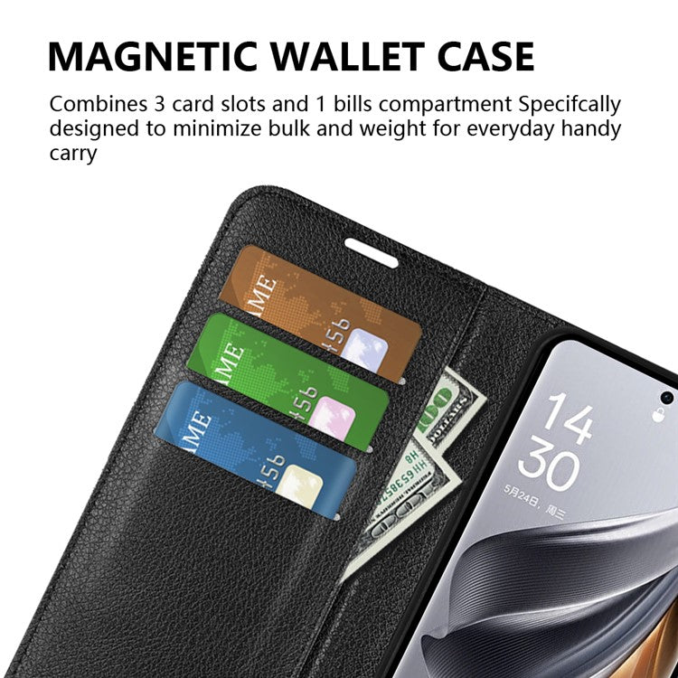 Litchi Texture PU Leather Phone Cover for Oppo Reno10 5G (Global) Wallet Stand Protective Phone Case - Black