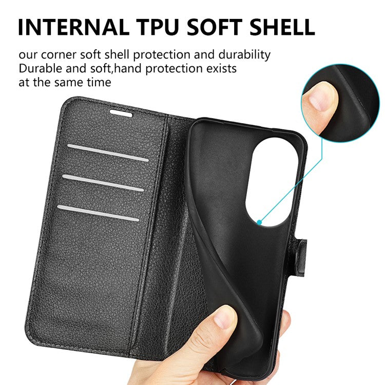 Litchi Texture PU Leather Phone Cover for Oppo Reno10 5G (Global) Wallet Stand Protective Phone Case - Black