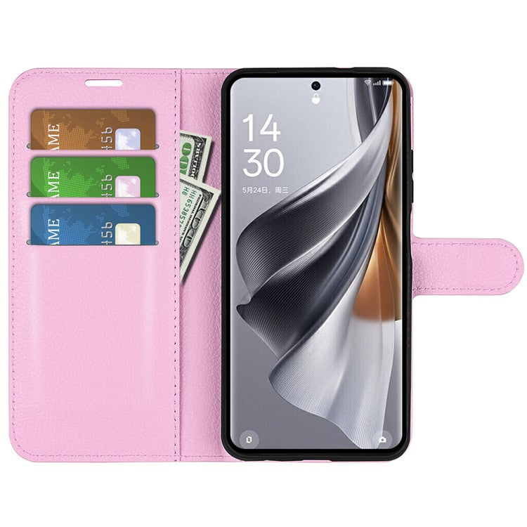 Litchi Texture PU Leather Phone Cover for Oppo Reno10 5G (Global) Wallet Stand Protective Phone Case - Pink