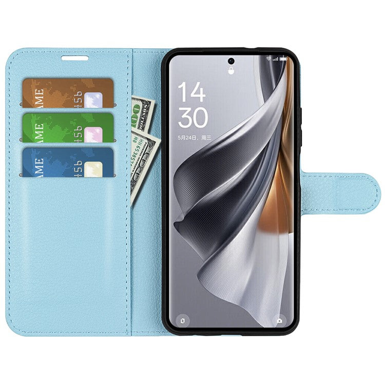Litchi Texture PU Leather Phone Cover for Oppo Reno10 5G (Global) Wallet Stand Protective Phone Case - Blue