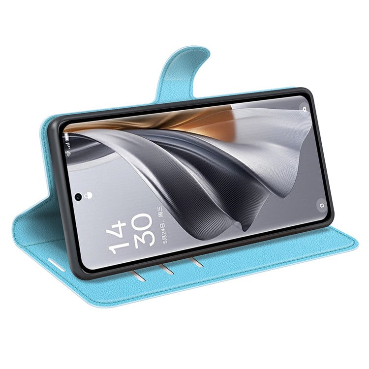 Litchi Texture PU Leather Phone Cover for Oppo Reno10 5G (Global) Wallet Stand Protective Phone Case - Blue