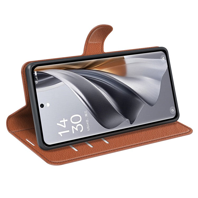 Litchi Texture PU Leather Phone Cover for Oppo Reno10 5G (Global) Wallet Stand Protective Phone Case - Brown