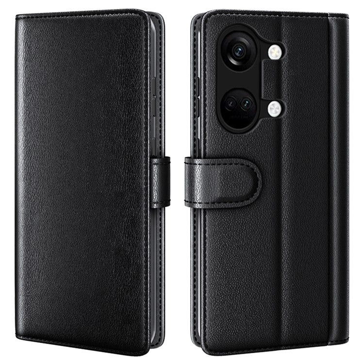 For OnePlus Ace 2V / Nord 3 5G Wallet Phone Case Genuine Split Leather Shockproof Stand Cover - Black