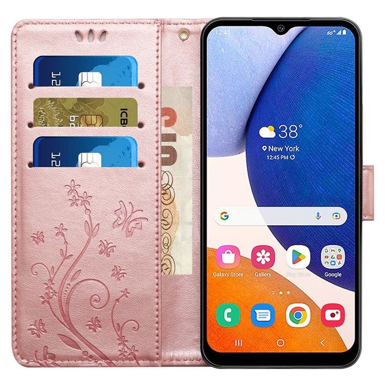 For Samsung Galaxy S23 FE Imprinted Butterflies Mobile Phone Case PU Leather Wallet Cover Stand with Strap - Rose Gold