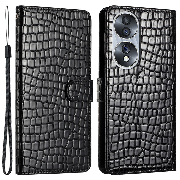 For Honor 70 5G Crocodile Texture Leather Stand Cover Wallet Design Anti-fall Phone Case with Strap - Black