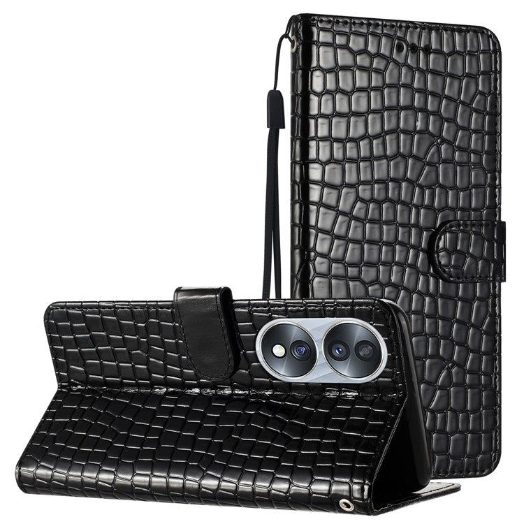 For Honor 70 5G Crocodile Texture Leather Stand Cover Wallet Design Anti-fall Phone Case with Strap - Black