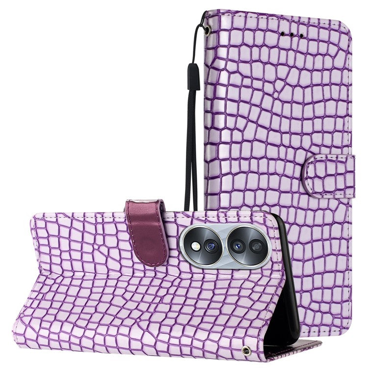 For Honor 70 5G Crocodile Texture Leather Stand Cover Wallet Design Anti-fall Phone Case with Strap - Purple