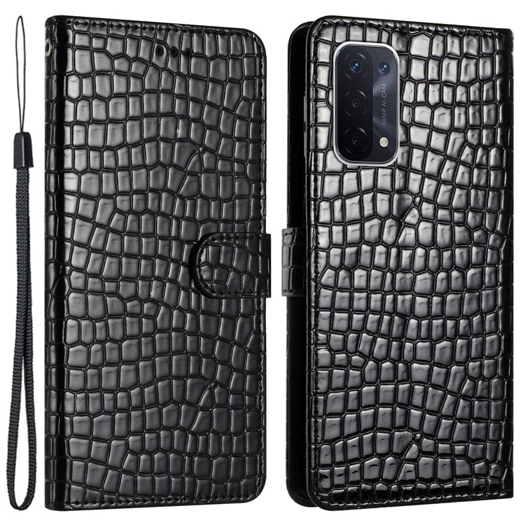 For Oppo A74 5G / A54 5G / A93 5G Cellphone Guard Stand Cover Crocodile Texture Leather Wallet Case with Strap - Black