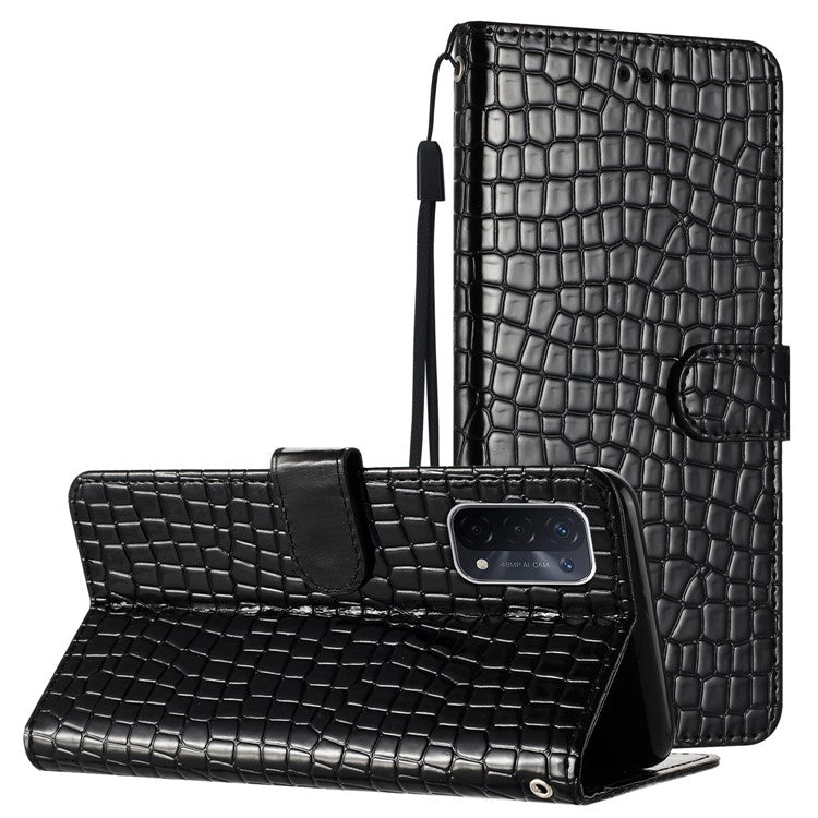 For Oppo A74 5G / A54 5G / A93 5G Cellphone Guard Stand Cover Crocodile Texture Leather Wallet Case with Strap - Black