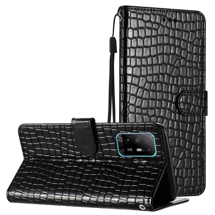 Shockproof Shell for Oppo A94 5G , Phone Leather Wallet Stand Cover Crocodile Texture Case with Strap - Black