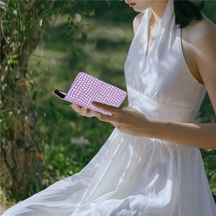 Foldable Stand Shell for Samsung Galaxy S21 FE 5G , Phone Leather Wallet Cover Crocodile Texture Case with Strap - Purple